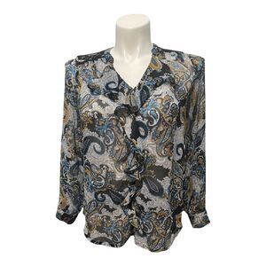 FIGUEROA & Flower V-Neck Ruffle‎ Detail Paisley Print Sheer Blouse Top M